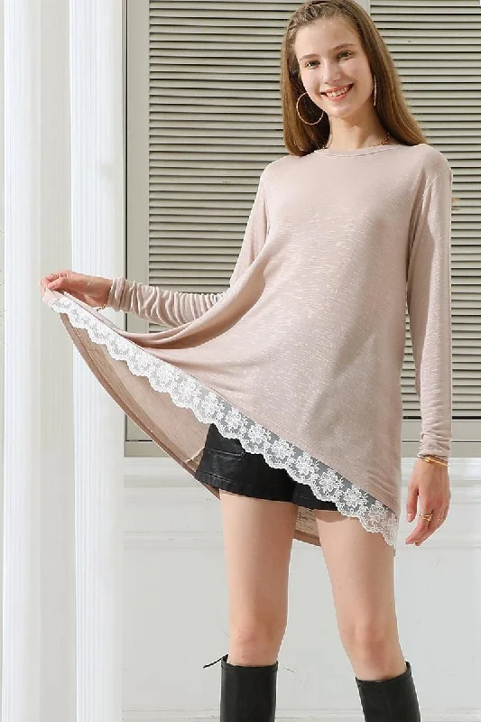 ROUND NECK LONG SLEEVE RACED HEM UNBLANCED TEE TOP