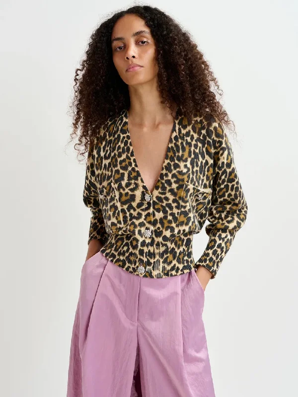 Cardigan Animalier con Bottoni Gioiello Nero