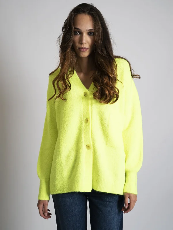 Cardigan in Maglia Bouclé Giallo Fluo